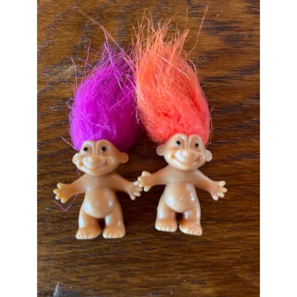 2 Vintage Russ 1" Miniature TROLLS. Orange & Purple Hair. Small Mini - Picture 1 of 5